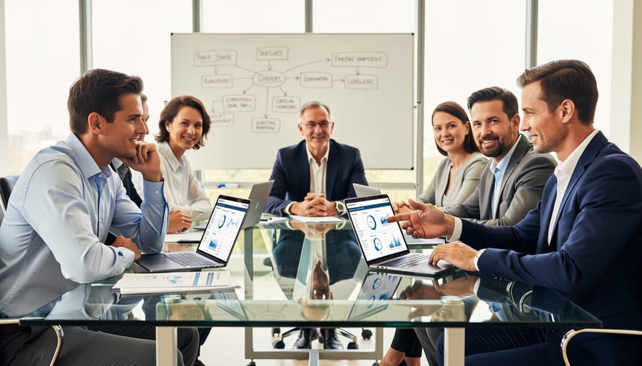 Business team engaged in collaborative IT consultation meeting in modern office