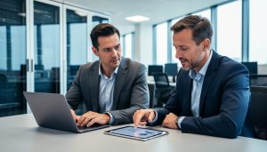 Senior IT consultant collaborating with a business leader at a modern office table, hands near a laptop and tablet, with softly lit, blurred glass-walled server racks in the background, conveying a client-centric technology partnership.
