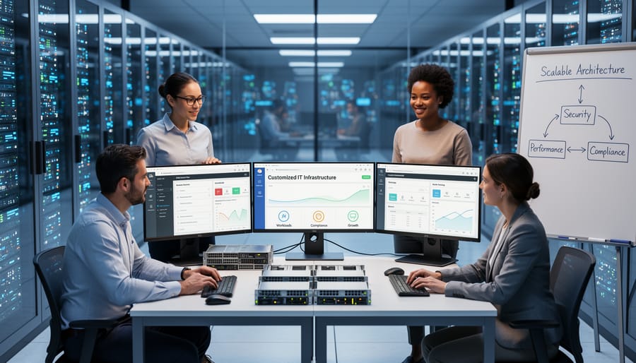 Modern server infrastructure in professional data center showing organized network systems