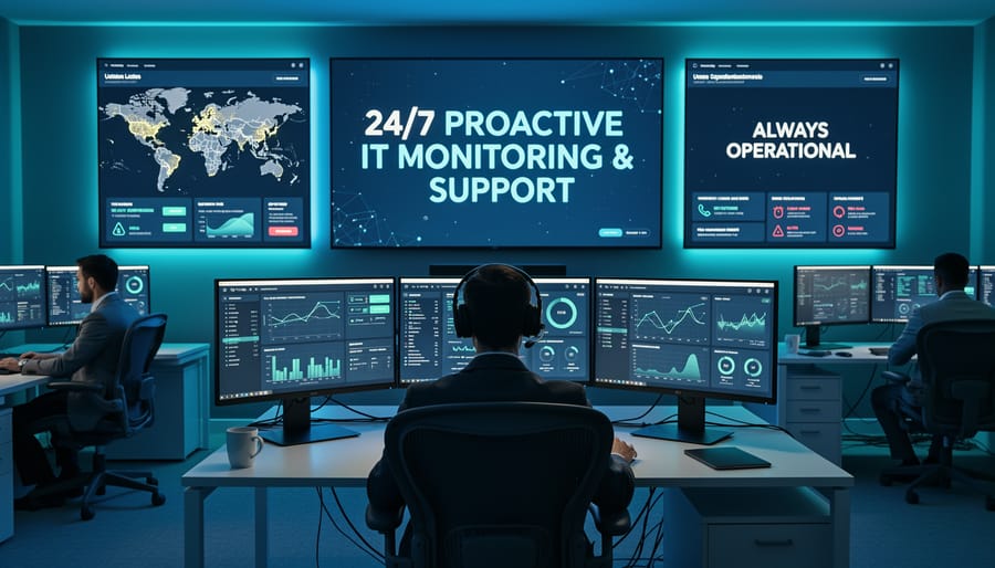 IT professional monitoring systems in network operations center with multiple screens
