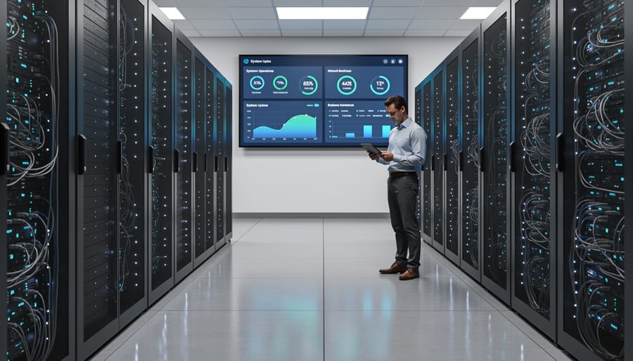 IT operations specialist walking between server racks in a modern data center