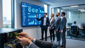 “Business team collaborating in an office with visible IT infrastructure and a digital dashboard display in the background.”
