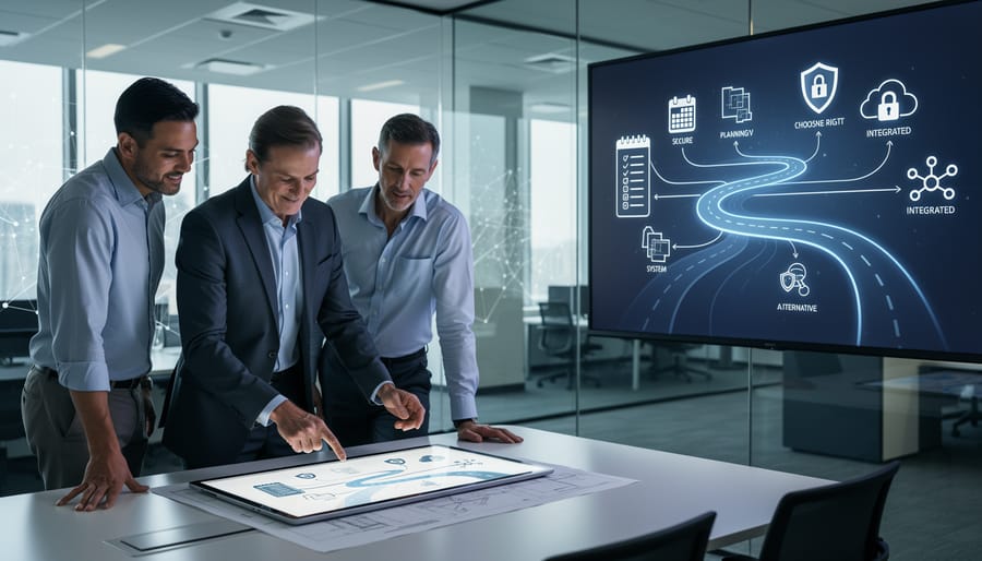 Business owner and IT consultant reviewing paperwork next to a network patch panel cabinet with indicator lights