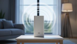 A modern 5G home internet gateway in a living room, with a subtle wireless signal glow indicating fixed wireless connectivity.