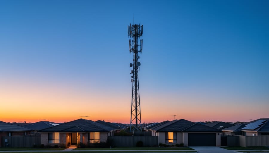 Cell tower silhouette against a dusk sky representing the wireless network behind 5G home internet.