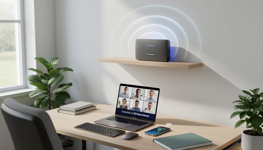 Gateway device and laptop on a home office desk with natural light, representing 5G home internet connectivity.