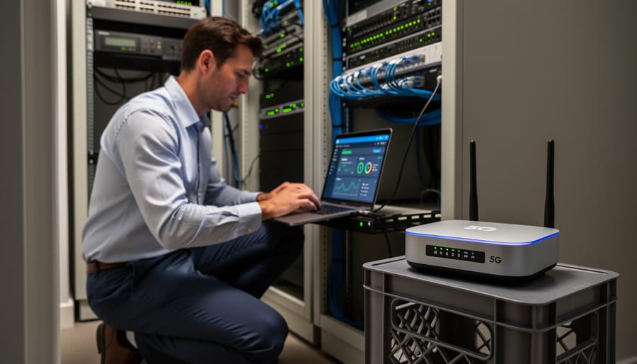 IT professional in a server closet monitoring network equipment, illustrating business connectivity planning.
