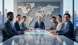 Diverse business team collaborating in a modern office with a subtle world map theme to represent global business alliances.