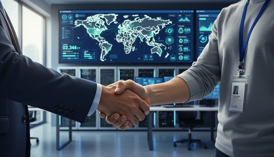Two business leaders handshake in a modern IT server room with subtle network lights in the background