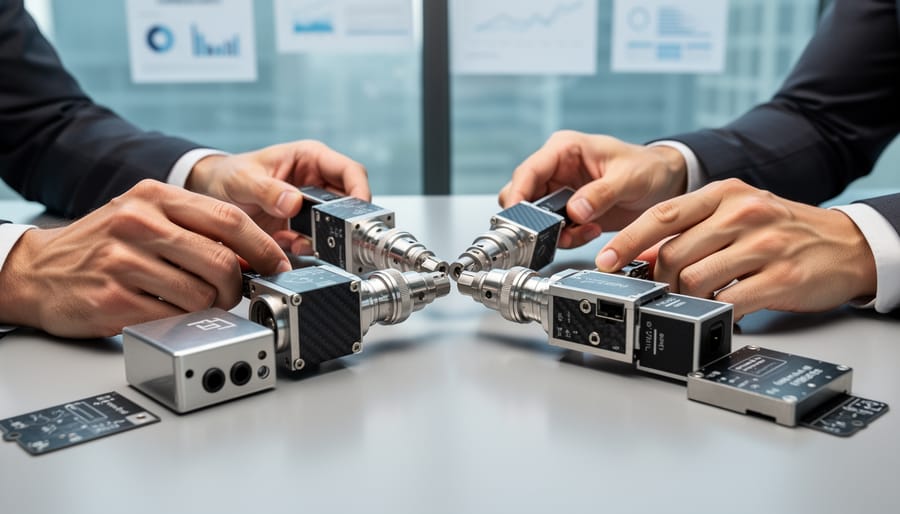 Hands fitting hardware modules into a shared tray inside a data center with blurred server racks behind