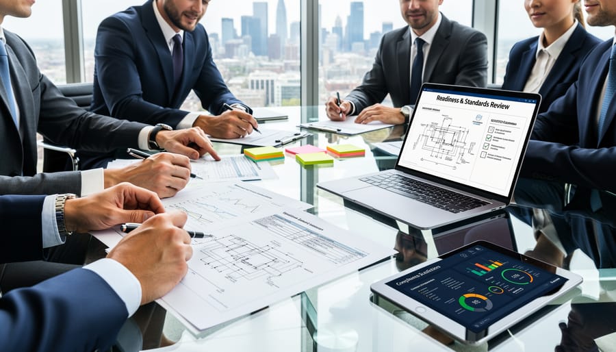 IT professionals reviewing certification paperwork and technical documents at a conference table