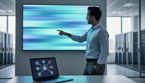 IT professional reviewing abstract fiber network availability visual in a modern office with a laptop and connection indicators.