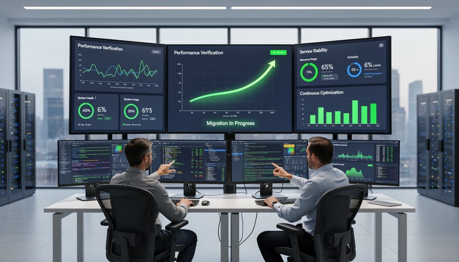 IT professional monitoring network status lights at a workstation in a dimly lit operations room.