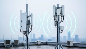 Rooftop telecommunications towers representing a phased 4G to 5G transition with subtle wireless signal arcs connecting infrastructure.