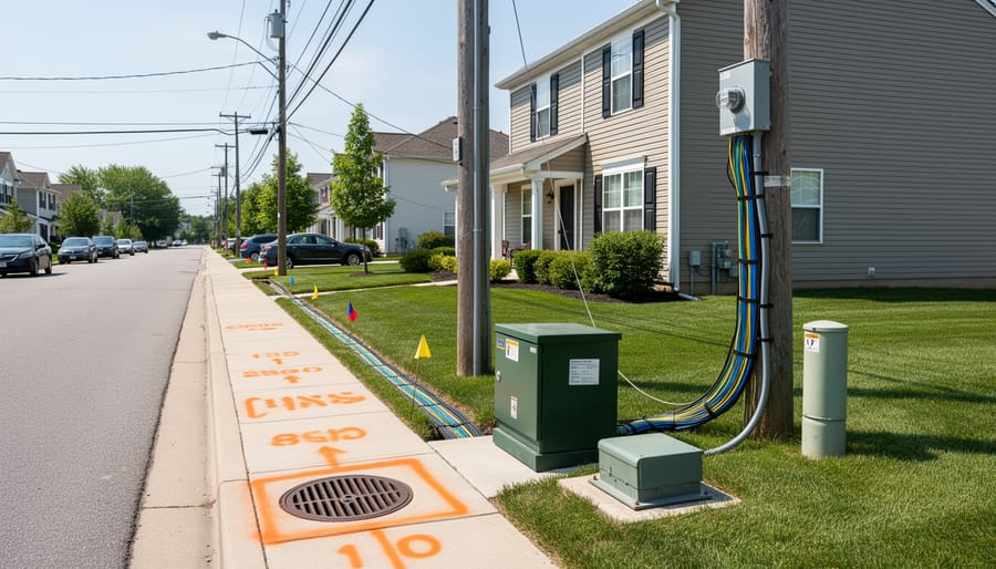 Outdoor utility infrastructure showing conduit and fiber access points near a handhole at ground level.