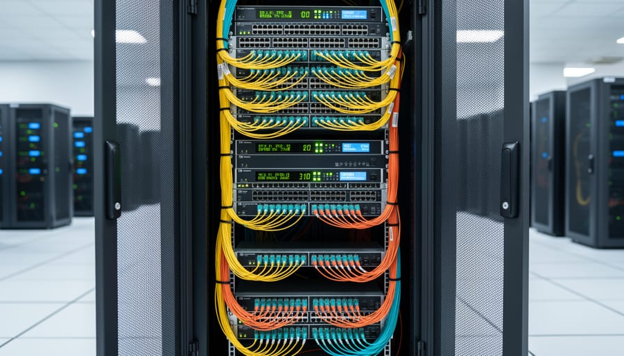 Server room network racks with fiber optic cables and blinking network indicators.