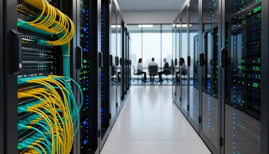 An IT manager holding a tablet while standing near a fiber patch panel with blinking indicator lights in a server room.