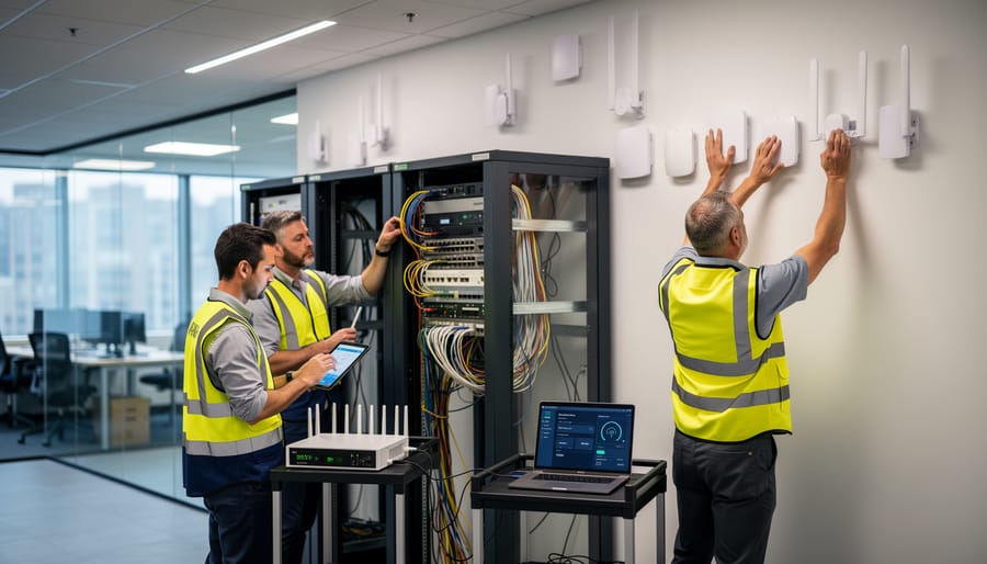 Technician installing wireless connectivity equipment on a rooftop near mounting hardware.